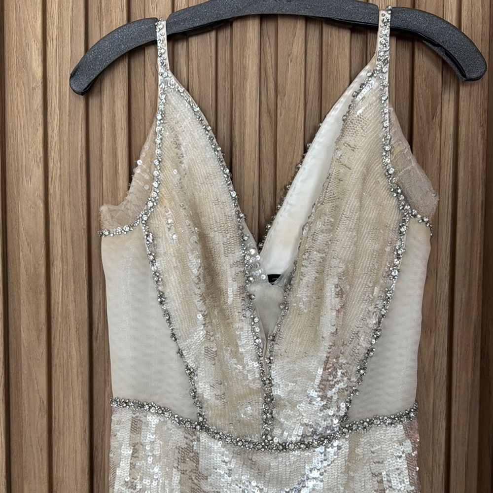 Elegant Sequin Gown in Silver and Cream - Picture 3 of 5